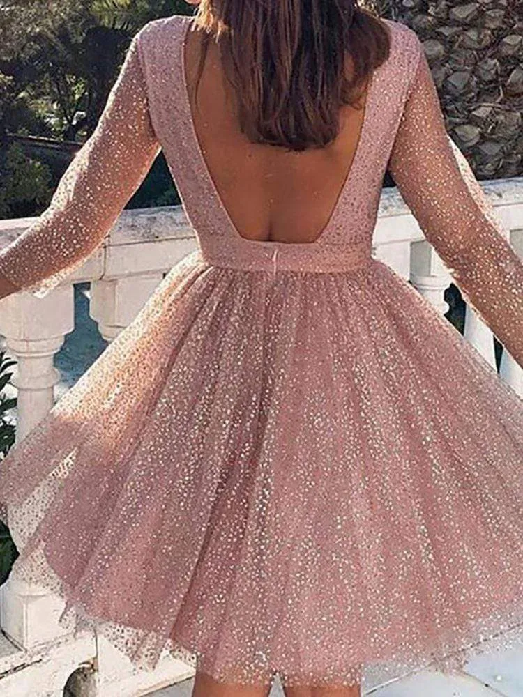 Cute Mini Pink Tutu Backless Sequins Party Dress