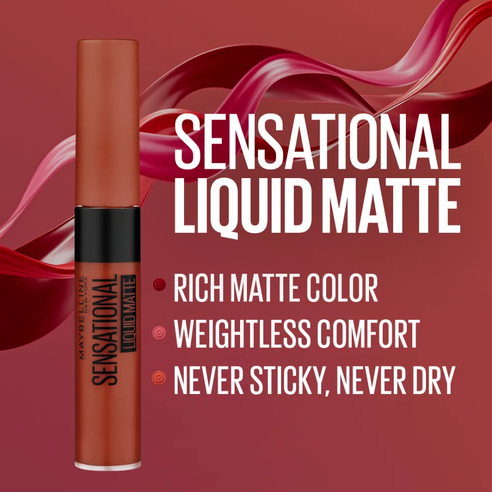 Maybelline New York Sensational Liquid Matte Lipstick, 17 Stop On Red, 7ml - Liquid Lipstick Shades Delivering Intense Matte Color Effect