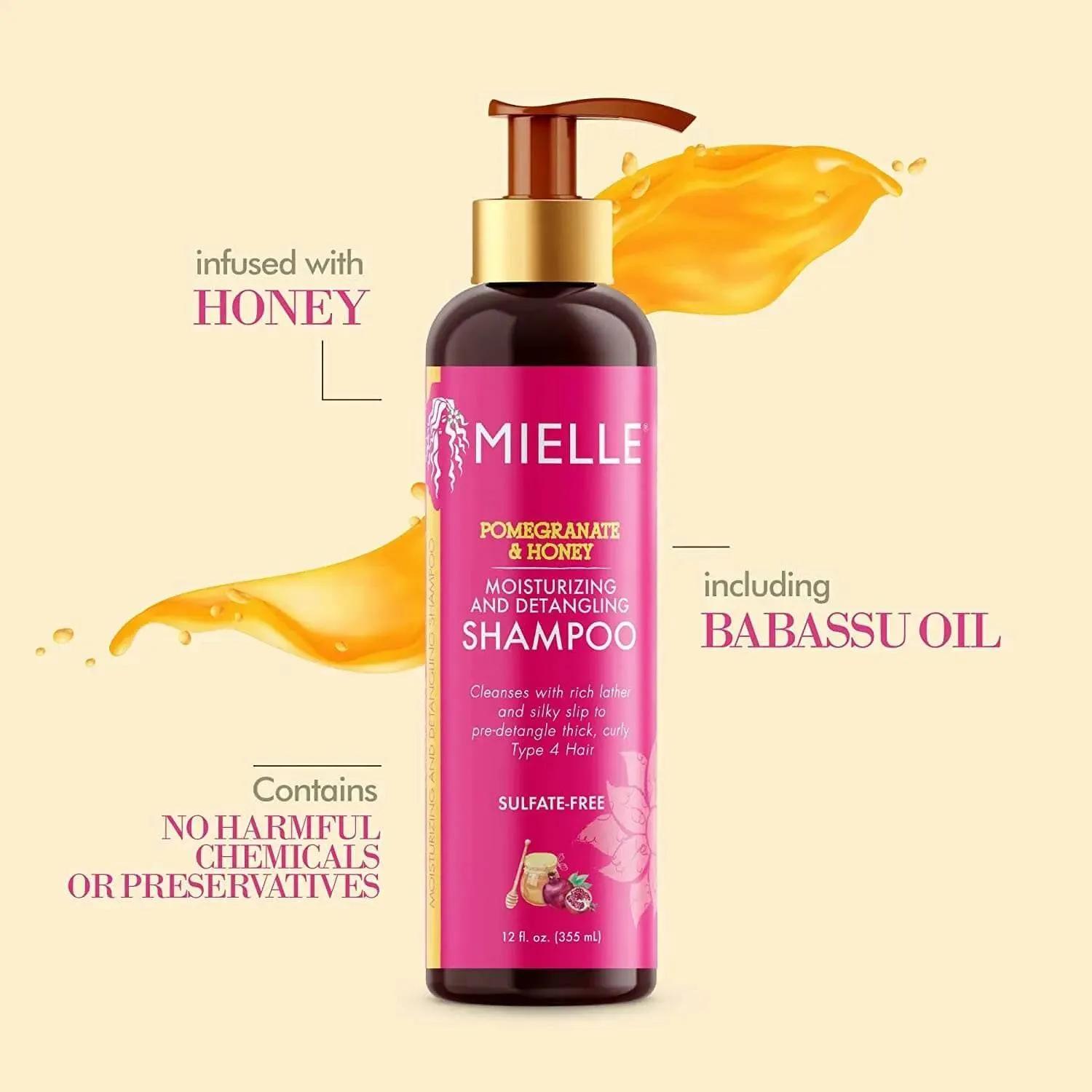 Mielle Organics Moisturising and Detangling Shampoo, Pomegranate & Honey, 355ml