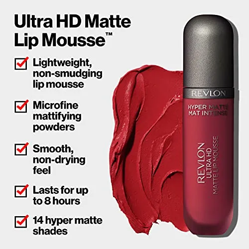 REVLON Ultra HD Lip Mousse Hyper Matte, Longwearing Creamy Liquid Lipstick in Plum / Berry, Crimson Sky (820), 0.2 oz