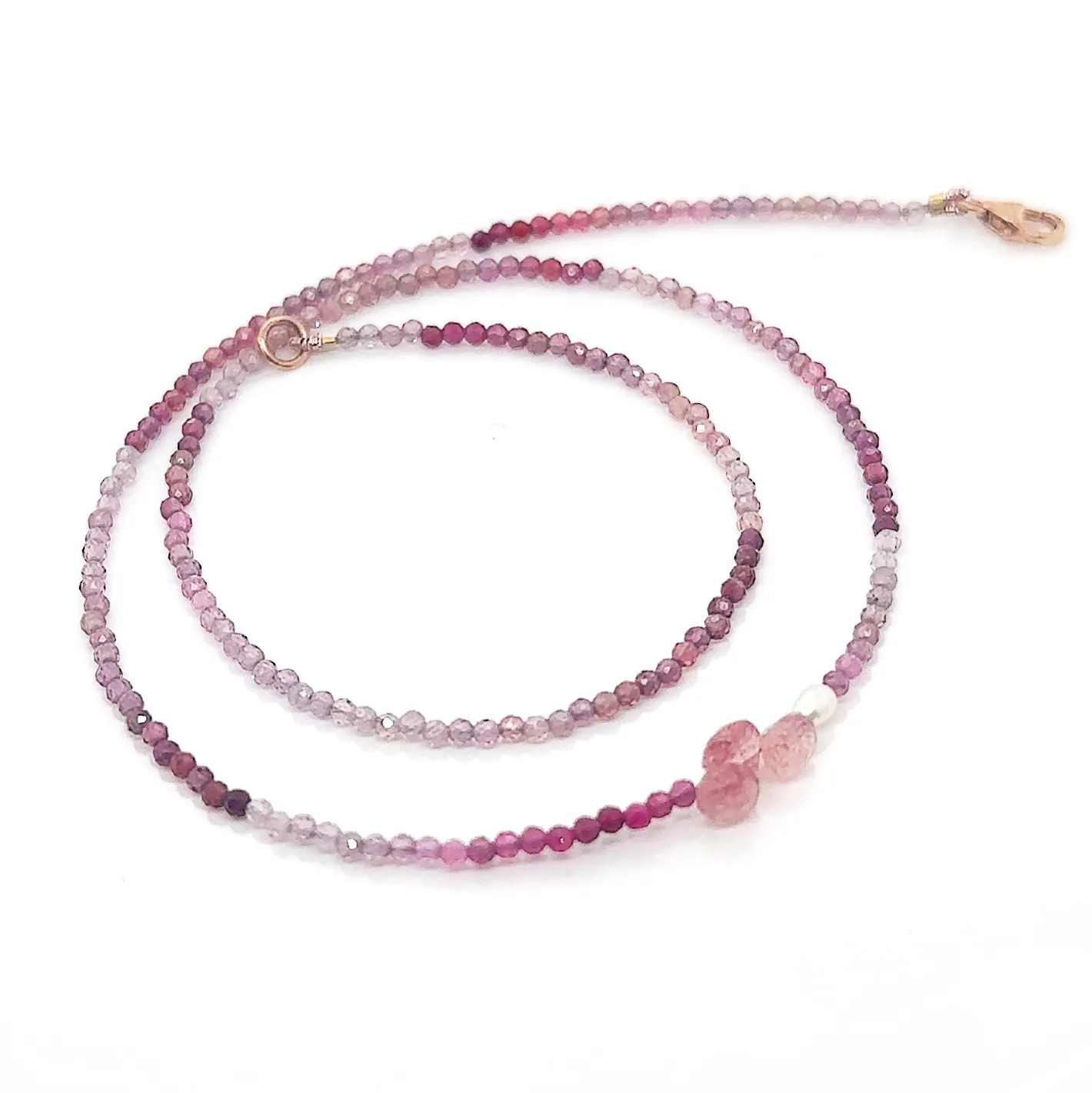 Rose Gold Pink Spinel, Strawberry Quartz , and Freshwater Pearl Necklace